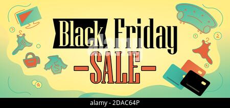 Black Friday 2020, online shoppig Facebook cover, web banner. Vector illustration of smart consumption. Buying things: credit cards, sofa, clothes, ba Stock Vector