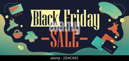 Black Friday 2020, online shoppig Facebook cover, web banner. Vector illustration of smart consumption. Buying things: credit cards, sofa, clothes, ba Stock Vector