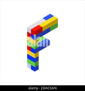 Isometric font made from color plastic blocks. The childrens designer. Letter F. Vector illustration Stock Vector