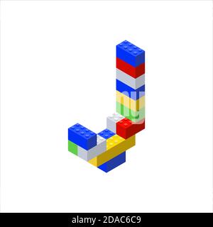 Isometric font made from color plastic blocks. The childrens designer. Letter J. Vector illustration Stock Vector