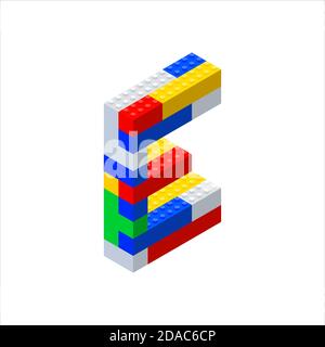 Isometric font made from color plastic blocks. The childrens designer. Letter E. Vector illustration Stock Vector