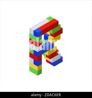 Isometric font made from color plastic blocks. The childrens designer. Letter R. Vector illustration Stock Vector