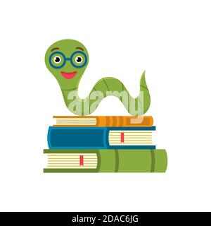 Cute bookworm near stack of books, isolated on white background. Knowledge, education, studying concept. Vector flat illustration. Stock Vector