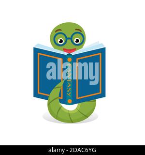 Cute bookworm reading book, isolated on white background. Education concept. Vector cartoon illustration. Stock Vector