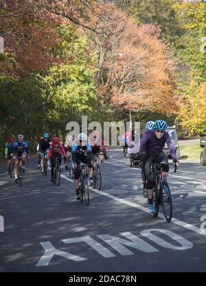Members of a bike club ride together during the autumn in Prospect Park, Brooklyn, New York. Stock Photo