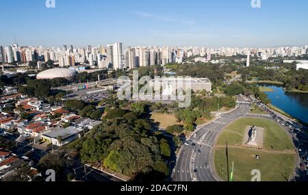 Aerial view of Ibirapuera park in Sao Paulo city and obelisk monument. Prevervetion area with trees and green area of Ibirapuera park. Stock Photo