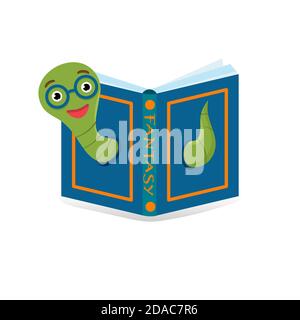 Cute bookworm with glasses popping out of old hardcvoer book, isolated on white background. Education concept. Vector cartoon illustration. Stock Vector