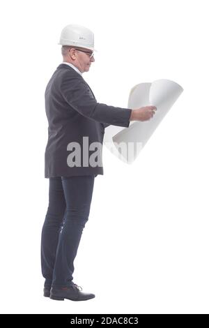 side view. experienced architect carefully reading the new drawing. Stock Photo