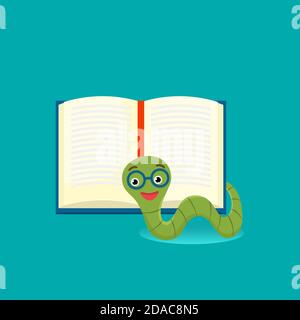 Cute bookworm with glasses near an open book, , isolated on blue background. Education concept. Vector cartoon illustration. Stock Vector