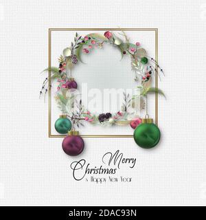 Christmas elegant wreath on white with 3D balls baubles, golden leaves on white background. Text Merry Christmas Happy New Year. 3D render. Holiday festive design Stock Photo