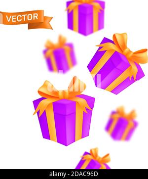 Falling wrapped gift boxes. Vector illustration of pink cardboard parcels with a gold bow and ribbon isolated on a white background Stock Vector