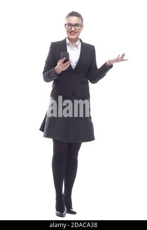 in full growth. smiling businesswoman reading a message on her smartphone. Stock Photo