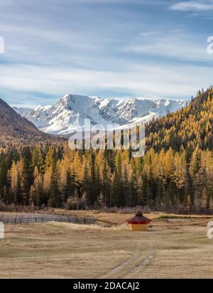 Scenic low angle view of snowy mountain peaks and slopes of North Chuyskiy ridge. Golden trees, wooden hut in the foreground. Beautiful blue cloudy sk Stock Photo