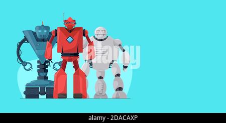 Robot cartoon character set on blue horizontal banner template. Future robotic technology poster concept. Friendly mechanical autonomous computer humanoid artificial intelligence assistant vector eps Stock Vector