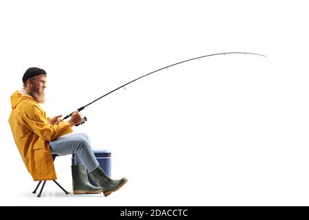 Fisherman catching money with a fishing pole isolated on white background  Stock Photo - Alamy