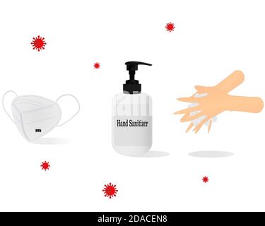 Hand Sanitizer, Mask N95, washing hand with foam in corona red covid-19 background Stock Vector