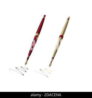 Two fountain pen in red and gold color body with drawing line on paper in white background Stock Vector