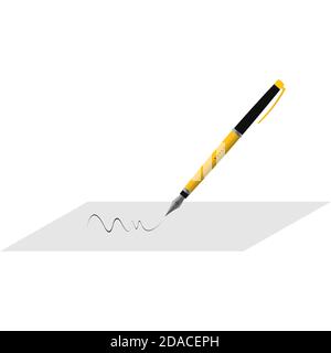 Fountain pen in black and yellow color body with drawing line on paper in white background Stock Vector