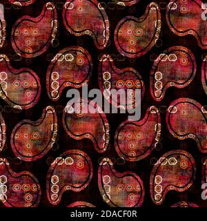 Seamless dark paisley block print background. Boho ethnic soft furnishing fabric style. Tie dye decorative ogee motif pattern textile. Grunge winter Stock Photo