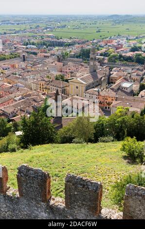 Panoramic view of the old town Soave, Italy, with its medieval walls Stock Photo