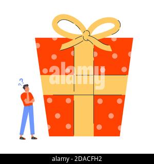 Young man in doubt thinks about present Stock Vector