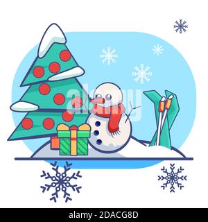 Fir tree and snowman on white isolated backdrop. Christmas holiday postcard for invitation or gift card, notebook, bath tile, scrapbook. Phone case or Stock Vector
