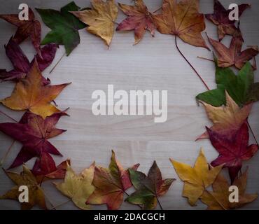 wooden texture with autumn leaves and vignetting Stock Photo