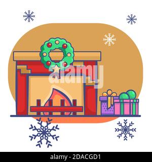 Fireplace and gifts on white isolated backdrop. Christmas holiday postcard for invitation or gift card, notebook, bath tile, scrapbook. Phone case or Stock Vector