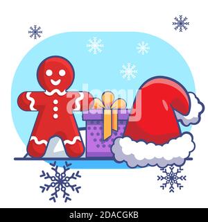 Gingerbread man and gift on white isolated backdrop. Christmas postcard for invitation or gift card, notebook, bath tile, scrapbook. Phone case or clo Stock Vector