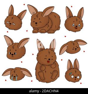 Set of Brown cute cartoon bunny or rabbits that are sitting and lying on the back with different emotions. Animal is sad, happy, cry, suspect, melancholy, in love Stock Vector