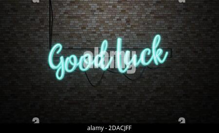 The message "Good luck"  neon light on Brick wall bcakground Stock Photo