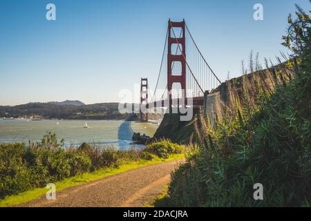 View of the beautiful famous Golden Gate Bridge in San Francisco, California, United States at daylight Stock Photo