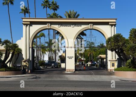 HOLLYWOOD, CALIFORNIA - 10 NOV 2020:  Paramount Pictures iconic gate on Melrose Avenue, an American film studio and subsidiary of ViacomCBS. Stock Photo