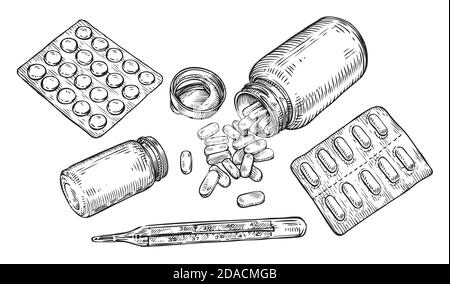 Pills and tablets sketch. Drug, medicine concept vector Stock Vector