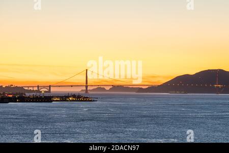 Panoramic beautiful scenic view of the Golden Gate Bridge at dusk, San Francisco, California, USA Stock Photo