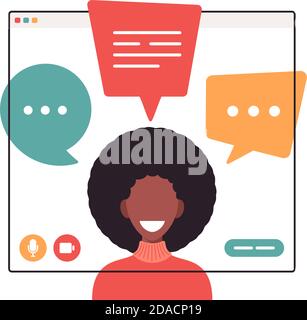 African businesswoman chatting during video call business woman with chat bubble speech in computer window communication online conference concept por Stock Vector