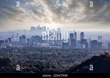 Century City with downtown Los Angeles skylines with cloudy sky. Stock Photo