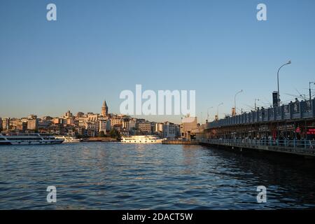 View of Galata Tower and Galata Bridge, Istanbul, Turkey Stock Photo