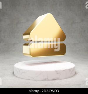 Eject icon. Gold glossy Eject symbol on white marble podium. Modern icon for website, social media, presentation, design template element. 3D render. Stock Photo