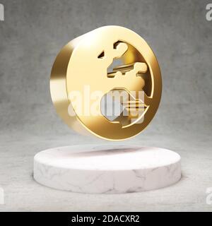 Globe Europe icon. Gold glossy Globe Europe symbol on white marble podium. Modern icon for website, social media, presentation, design template element. 3D render. Stock Photo