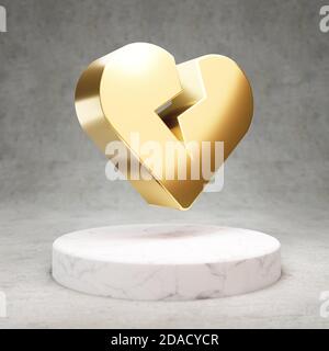 Broken Heart icon. Gold glossy Broken Heart symbol on white marble podium. Modern icon for website, social media, presentation, design template element. 3D render. Stock Photo