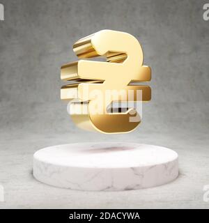 Hryvnia icon. Gold glossy Hryvnia symbol on white marble podium. Modern icon for website, social media, presentation, design template element. 3D render. Stock Photo