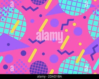 Seamless pattern with geometric shapes in the style of the 80s. Circles with zigzags. Background with triangles, circles and squares for brochures, ba Stock Vector