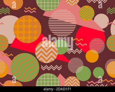 Seamless pattern with geometric shapes in the style of the 80s. Circles with zigzags. Background with triangles, circles and squares for brochures, ba Stock Vector