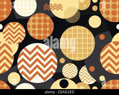 Seamless pattern with geometric shapes in the style of the 80s. Circles with zigzags. Background with triangles, circles and squares for brochures, ba Stock Vector