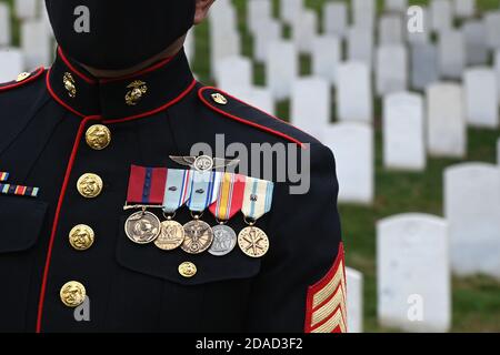 New York City, USA. 11th Nov, 2020. Former US Marine Albert Grajales walks past the headstones of fallen soldiers at Cypress Hills National Cemetery in the Brooklyn borough of New York, NY, on November 11, 2020. Mr. Grajales who also served in the Army and in the Air Force reserves, makes an annual pilgrimage to Cypress Hills National Cemetery on Veterans Day in memory of those lost in combat. (Anthony Behar/Sipa USA) Credit: Sipa USA/Alamy Live News Stock Photo