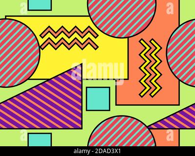 Geometric seamless pattern in 80s style. Bauhaus geometric shape design. Background with triangles, circles and squares for brochures, banners and wra Stock Vector