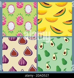 Set of colorful cute patterns with exotic, tropical fruits, dragon fruits, avocado seamless vector textures.  Stock Vector