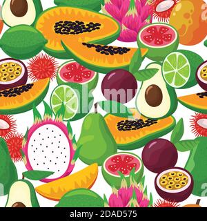 Seamless pattern with colorful bright tropical exotic fruits. Stock Vector