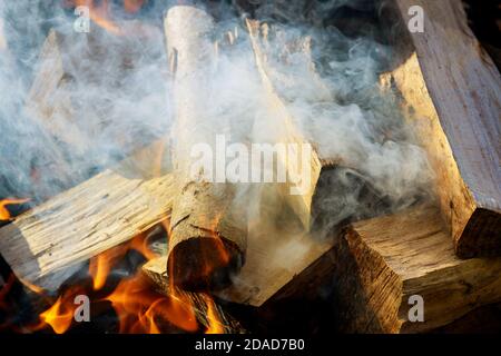 Flame in the fire with firewood and log. Close up. Stock Photo